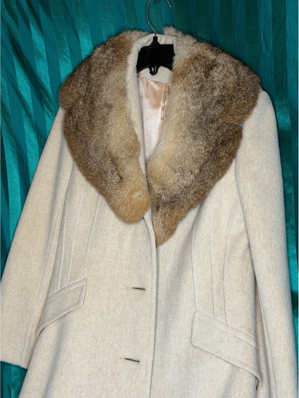 Vintage Cream Wool Coat Real Fur Collar ILGWU Union Made USA Womens Medium